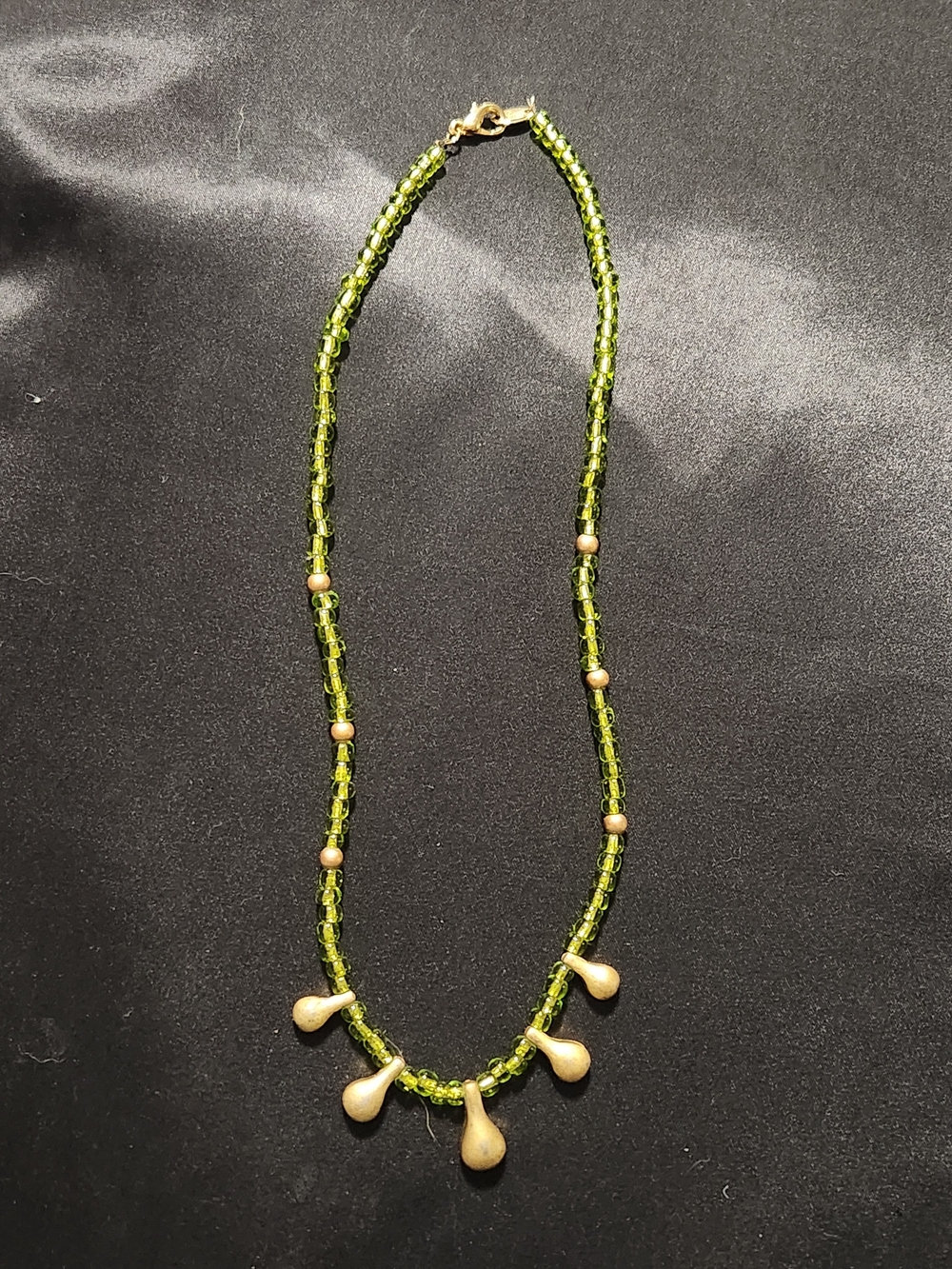 Avon Olive Green Beaded Necklace with Gold-Tone Teardrops
